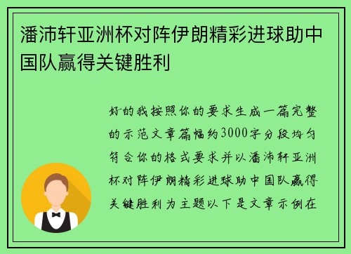 潘沛轩亚洲杯对阵伊朗精彩进球助中国队赢得关键胜利 潘沛轩亚洲杯对阵伊朗精彩进球助中国队赢得关键胜利