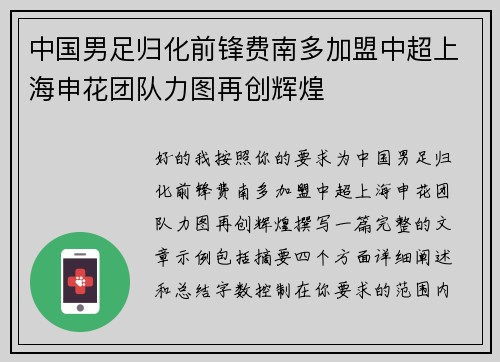 中国男足归化前锋费南多加盟中超上海申花团队力图再创辉煌